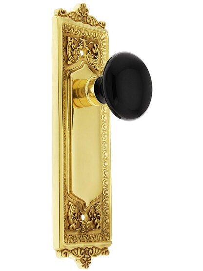 Egg and Dart Plate with Black Porcelain Knob without Keyhole in Polished Brass.